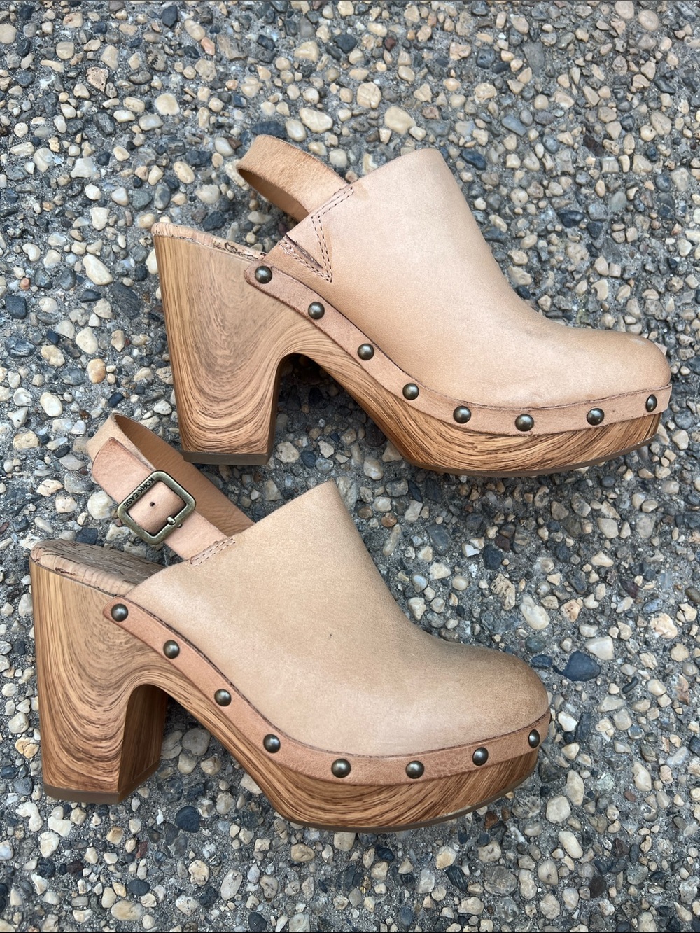 Kork-Ease Tan Suede Studded Wood-Platform Clog Mules